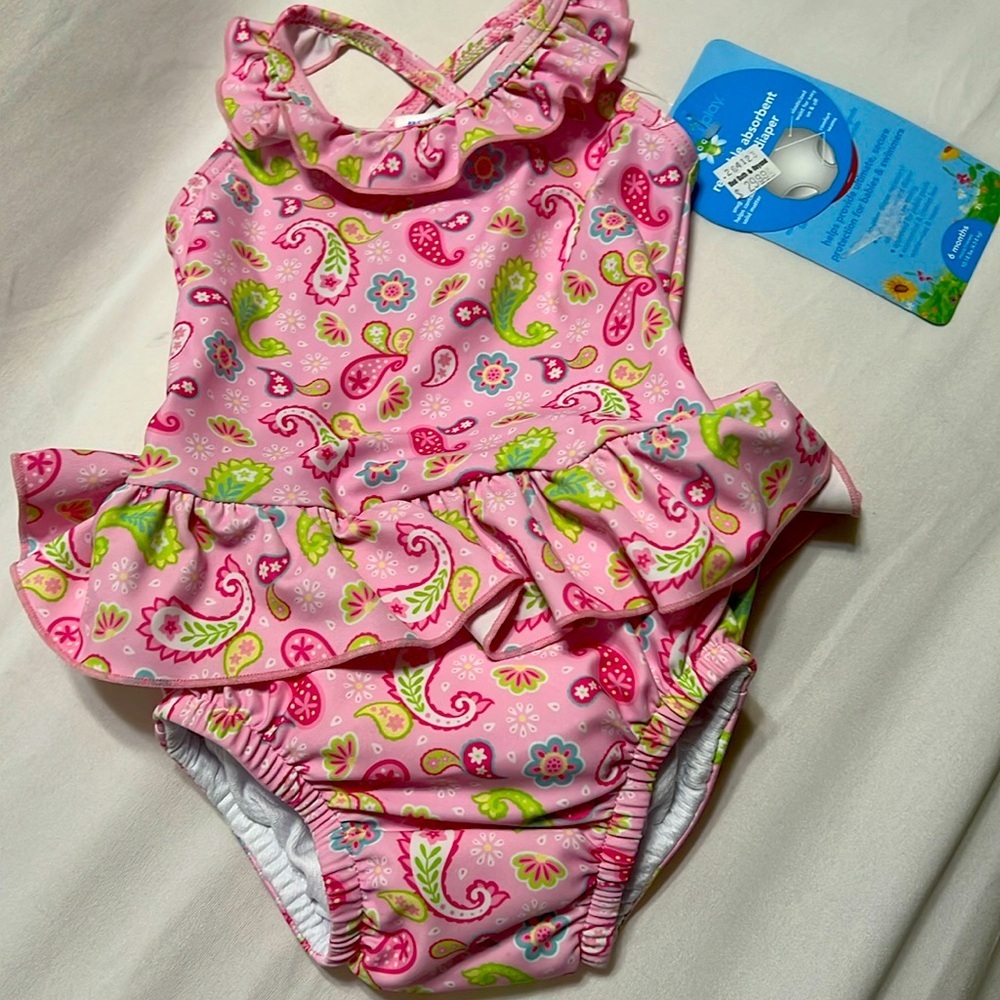 iPlay floral print ruffle bathing suit with built in reusable Size 6 months
